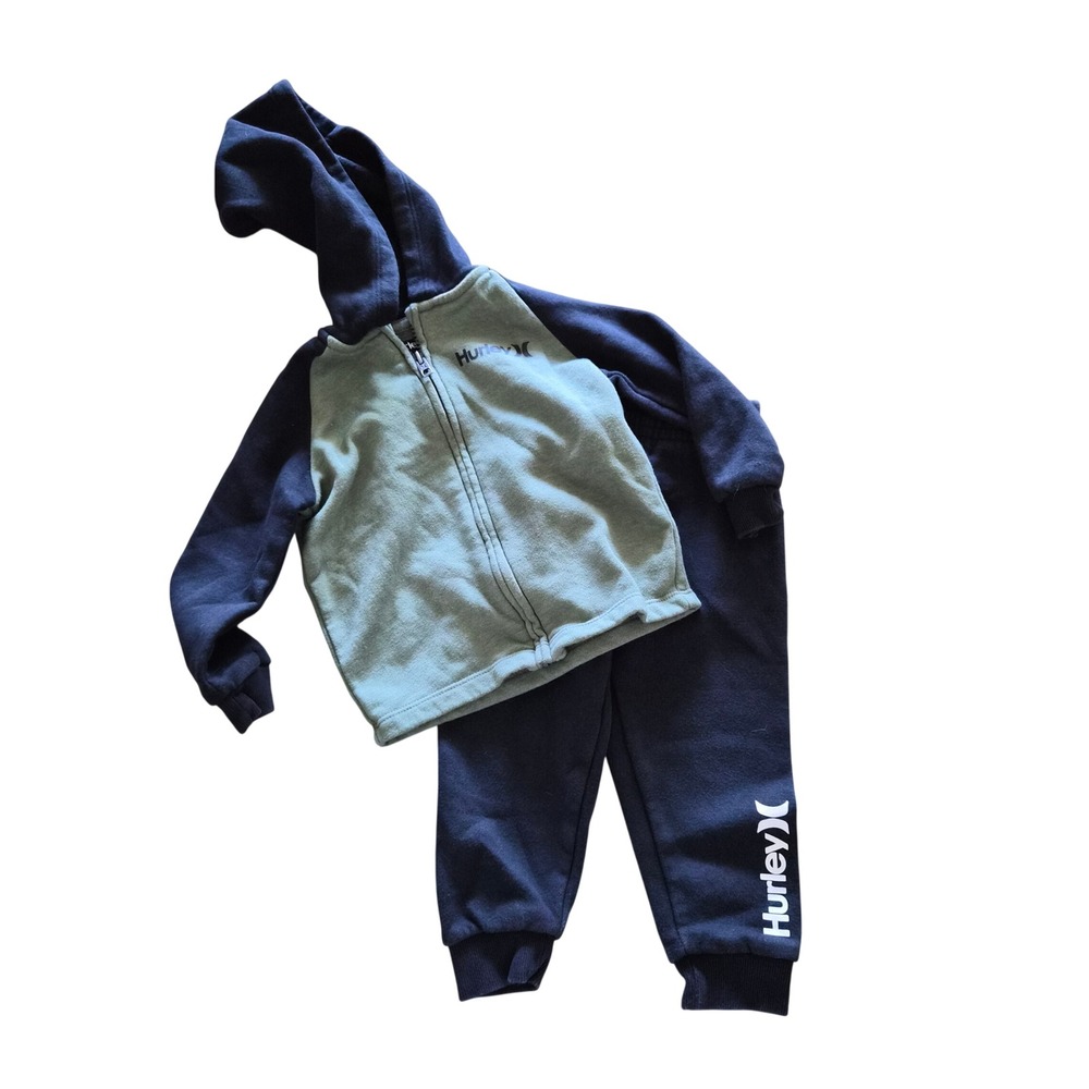 Hurley Kids 24M Fleece Hoodie and Joggers Tracksuit Set Green Navy 2-Piece